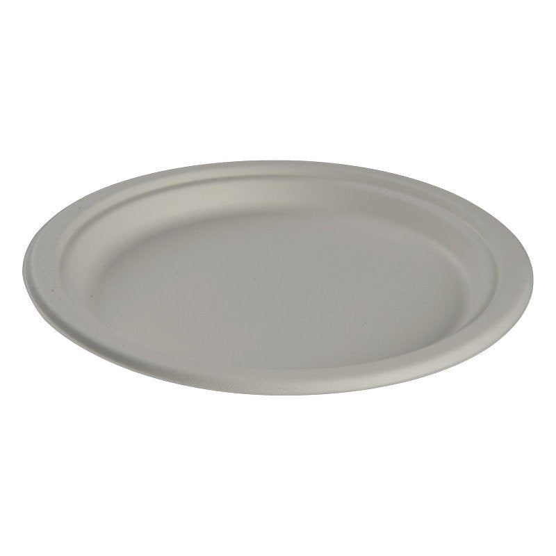 The plate, Bagasse, White by Abena Re-Seller GmbH is a round, biodegradable plate made from bagasse with a flat edge and eco-friendly design - presented here on a white background.