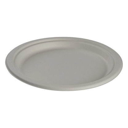 The plate, Bagasse, White by Abena Re-Seller GmbH is a round, biodegradable plate made from bagasse with a flat edge and eco-friendly design - presented here on a white background.
