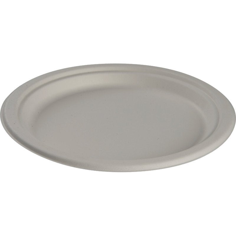 A simple, round plate, Bagasse, White by Abena Re-Seller GmbH is depicted on a white background. This biodegradable disposable plate made from compostable material is an eco-friendly choice for any occasion.