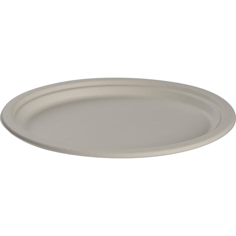 An oval, white bagasse plate (20 x 26 cm) from Abena Re-Seller GmbH, photographed against a white background. This eco-friendly plate comes in a pack of 50 and is ideal for environmentally conscious events.