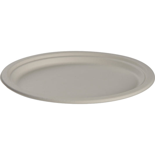 Ein weißer, ovaler Bagasse Teller (20 x 26 cm) der Abena Re-Seller GmbH ist vor weißem Hintergrund abgebildet; er ist biologisch abbaubar und wird im 50er-Pack geliefert.