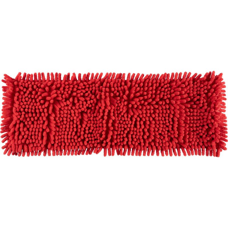 The Abena Re-Seller GmbH microfiber mop ENA Chenille is a rectangular red mop with dense, noodle-like microfiber strands for effective cleaning on a white background.