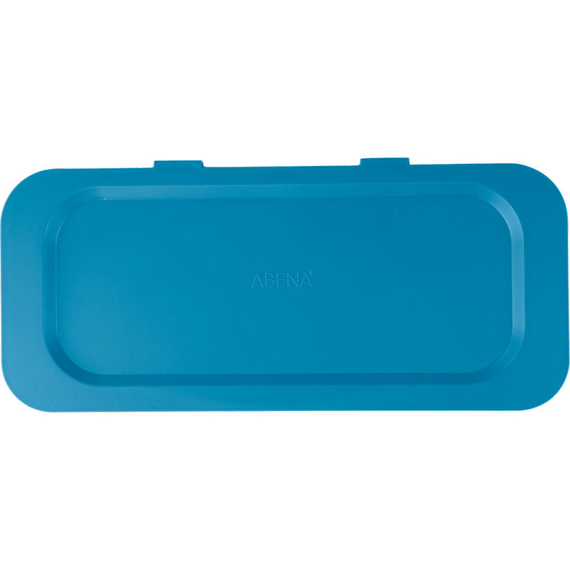 A blue plastic lid with rounded corners and a raised edge, viewed from above. In the middle, it says "ABENA". Lid for Sækko Boy waste container from Abena Re-Seller GmbH, suitable for use in the waste separation system.
