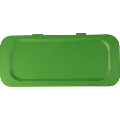 A green rectangular plastic lid with rounded corners and two tabs, designed as a lid for Sækko Boy waste container from Abena Re-Seller GmbH. "ABENA" is embossed in the middle.