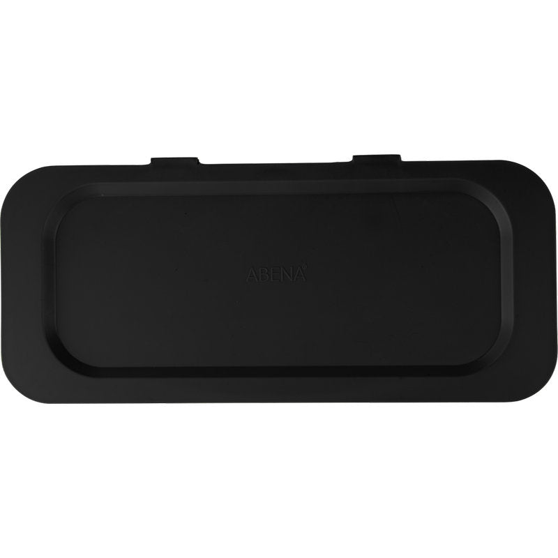 A flat, rectangular black plastic lid with rounded corners and two tabs, designed as an accessory for the lid for Sækko Boy waste container from Abena Re-Seller GmbH. "ABENA" is embossed in the middle. The background is white.