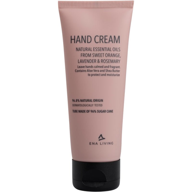 A pink 75 ml tube of ENA Living Hand Cream from Abena Re-Seller GmbH, with a black cap and essential oils of sweet orange, lavender, and rosemary. Made with 96.8% natural ingredients for intensive care of dry hands. Available in cartons (pack of 18).