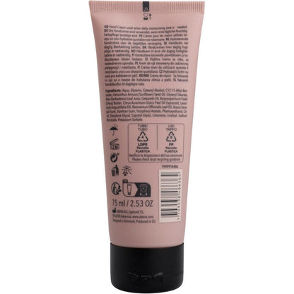 A pink 75 ml tube of ENA Living Hand Cream from Abena Re-Seller GmbH for dry hands, depicted from the back with product information, ingredients, barcode, recycling symbols, and instructions in black print. Also available as a carton (18 packs).