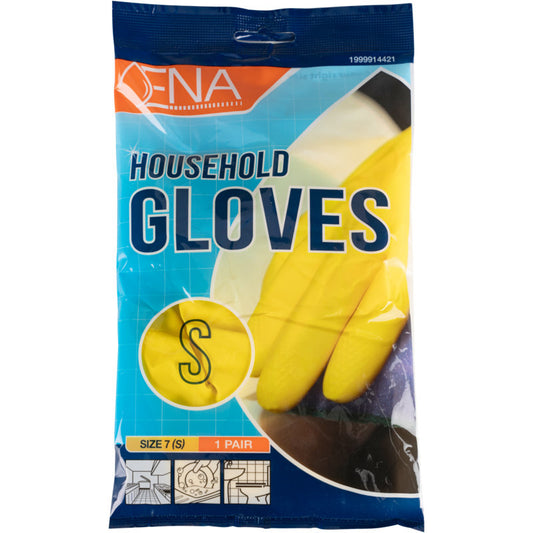 Eine Plastikverpackung mit der Aufschrift "ENA Household, Haushaltshandschuhe Latex, Gelb" der Abena Re-Seller GmbH zeigt gelbe Handschuhe der Größe S (1 Paar) auf blauem Hintergrund mit orange-weißer Reinigungsgrafik.