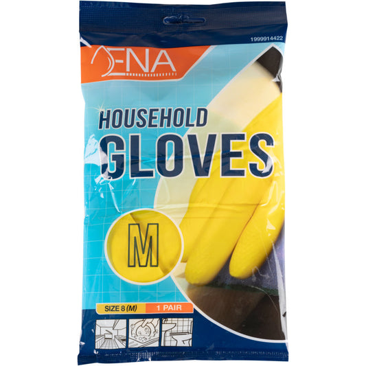 Eine Packung ENA Household Haushaltshandschuhe Latex von Abena Re-Seller GmbH in gelb, Größe M, enthält ein Paar. Die blau-orangefarbene Verpackung zeigt Texte und Diagramme für Reinigung und verschiedene Haushaltsaufgaben.