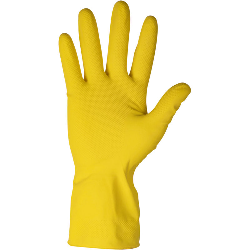 Ein ENA Household Haushaltshandschuhe Latexhandschuh in gelb von Abena Re-Seller GmbH wird aufrecht mit der Handfläche nach vorne und gespreizten Fingern präsentiert. Der texturierte Latexhandschuh ist ideal für die Reinigung oder andere Haushaltsarbeiten.