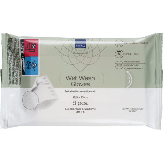 Abena Re-Seller GmbH Feuchte Waschhandschuhe, 23x15,5 cm, Packung mit 8 Paaren: hygienisch, für sensible Haut geeignet, ohne Abspülen anwendbar, dermatologisch getestet. Enthält Kunststoff.