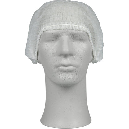 A white mannequin head displays a clip cap from Abena Re-Seller GmbH, a PP bouffant cap that provides hygienic protection for use in medical settings or gastronomy by covering the top and sides of the head.