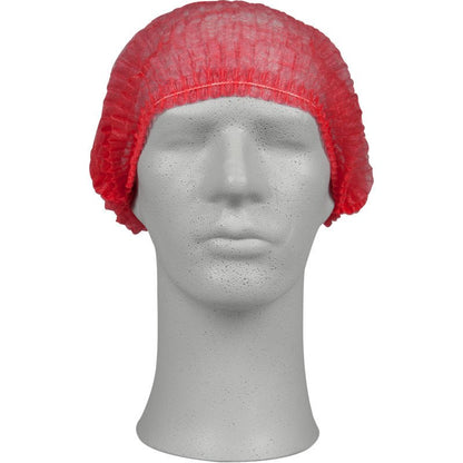 The head of a mannequin wears a red clip cap, PP from Abena Re-Seller GmbH, which is commonly used for hygienic protection in medical facilities or gastronomy.