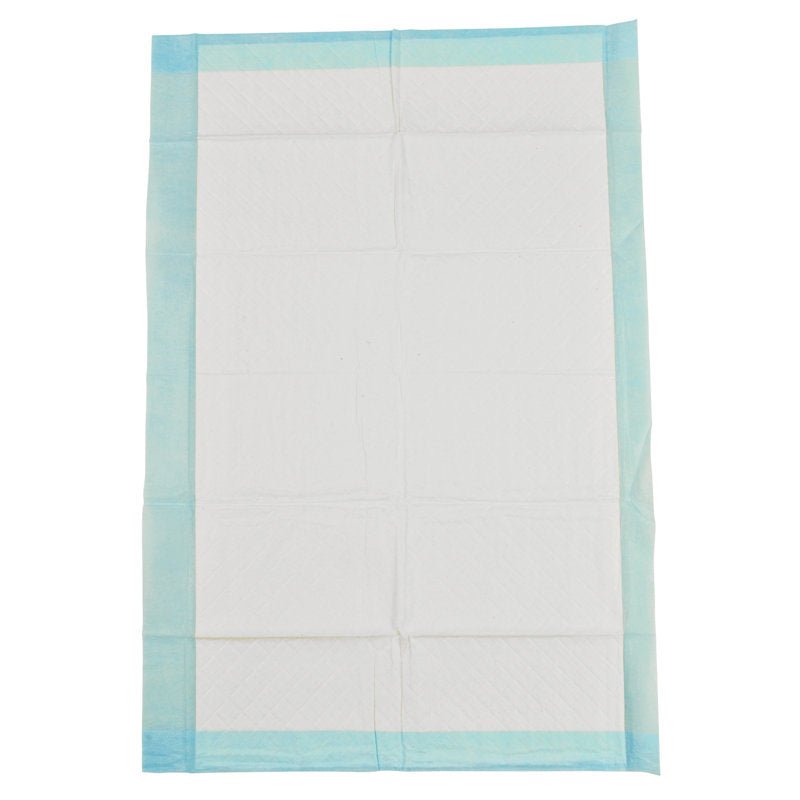 A rectangular Abena disposable pad, 6-layered, 40x60 cm, white with a blue border, lies flat on a neutral background; the surface shows subtle crease lines and a quilted structure. Pack of 25 pieces from Abena Re-Seller GmbH.