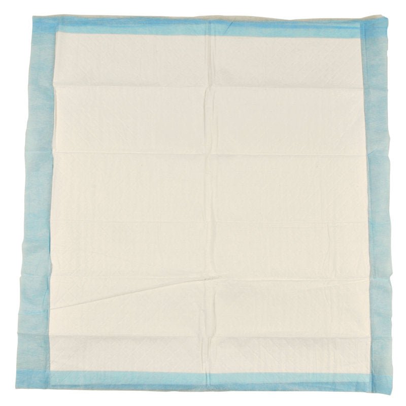 A 6-layer, 60x60 cm ABENA Tissue disposable underpad from Abena Re-Seller GmbH with a blue border and white center is shown flat with visible folds; it is sold in packs of 25 pieces.