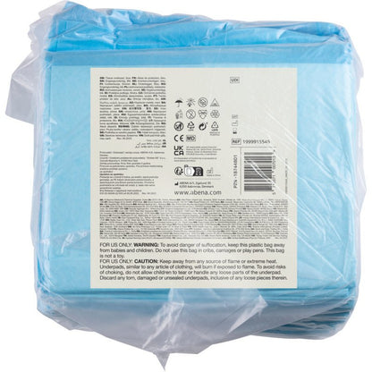 A transparent plastic package from Abena Re-Seller GmbH contains 25 blue, 6-layer ABENA Tissue disposable underpads, 60x60 cm. The back label shows product information, symbols, barcode, and multilingual warnings.