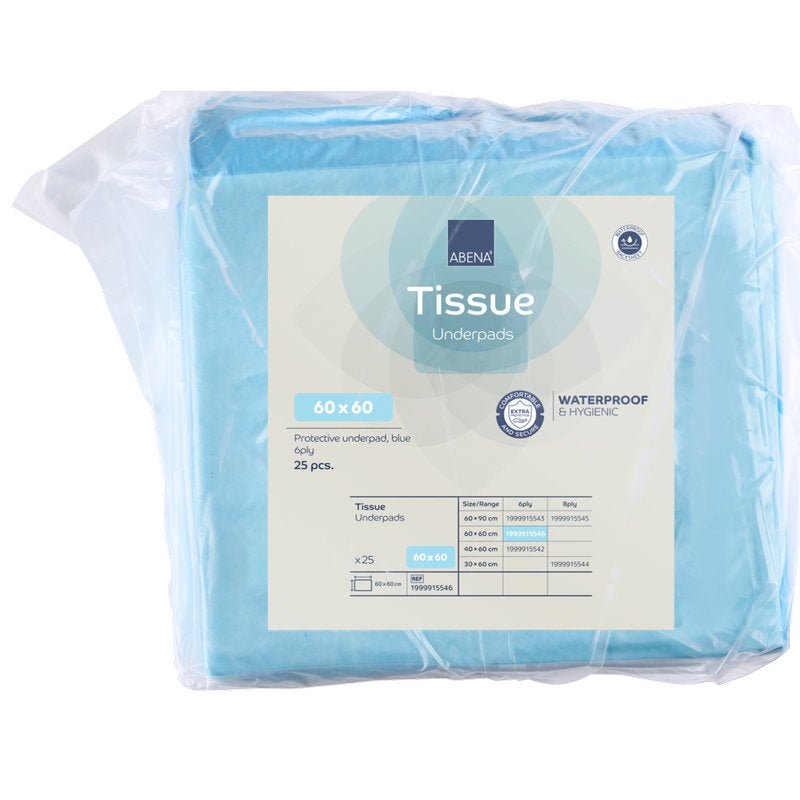 A pack of 25 ABENA Tissue disposable underpads, 6-layer, 60x60 cm, blue from Abena Re-Seller GmbH. The waterproof and hygienic pads are delivered in a transparent packaging with all product data and specifications indicated on the label.