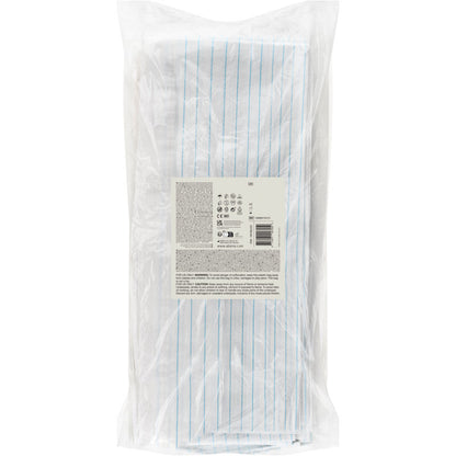 A clear plastic packaging contains 25 white Abena Re-Seller GmbH protective sheets, PE with lamination, 48 threads, 80x170 cm. On the front, there is a rectangular label with text and symbols indicating medical protection.