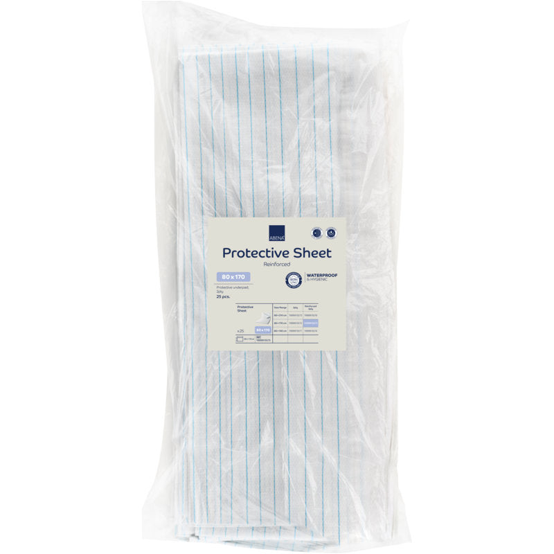 A folded Abena Re-Seller GmbH protective sheet, PE with lamination, 48 threads (80x170 cm), in clear packaging with a blue-white label showing info & icons for waterproof, reinforced medical protection. Package contains 25 pieces.