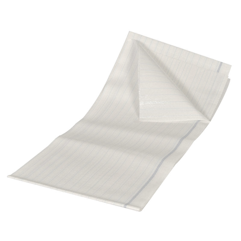 The Abena Re-Seller GmbH protective sheets, thread reinforced (210x80 cm, PE/cellulose), pack of 25 pieces: White disposable protective sheet with light blue lines on a white background, rectangular and folded for high durability.