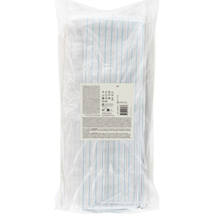 A clear plastic package contains 25 Abena Re-Seller GmbH protective sheets, thread reinforced, 210x80 cm, PE/cellulose. Each is provided with a white label with text and a barcode on the front; ideal for medical use.