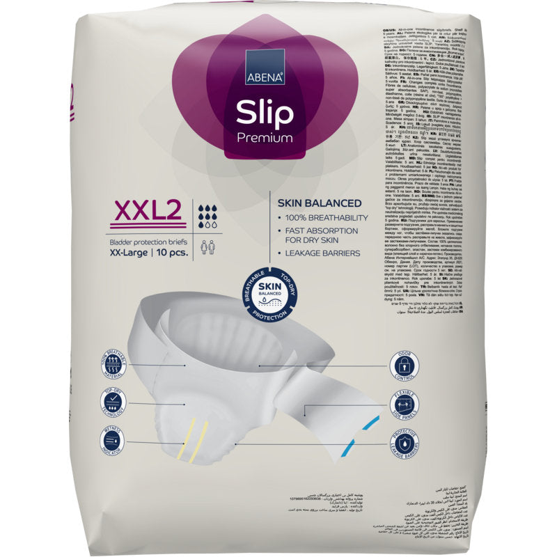 Ein 10er-Pack ABENA Slip Premium Blasenschutzslips der Abena Re-Seller GmbH, Größe XXL2, bietet Hautbalance und Auslaufsperre - ideal für eine zuverlässige Inkontinenzversorgung.