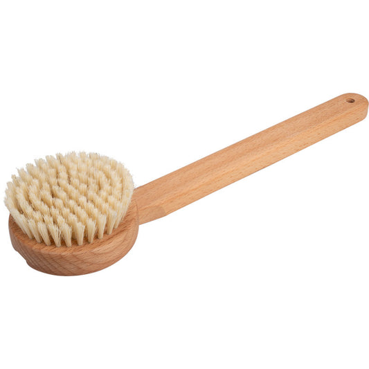 Die ENA Living Massage-Bürste von Abena Re-Seller GmbH hat einen runden Kopf mit leichten Borsten und einen langen, flachen Griff mit Loch - ideal für sanfte Ganzkörpermassagen. Erhältlich als Karton (24 Packungen).