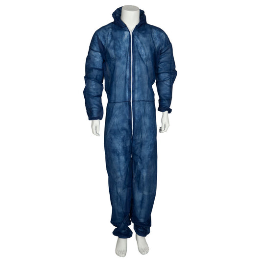 Eine kopflose Schaufensterpuppe präsentiert den Einwegoverall (Nonwoven/PP, Blau) der Abena Re-Seller GmbH - einen dunkelblauen Ganzkörperschutzoverall mit Frontreißverschluss, langen Ärmeln und Kapuze.
