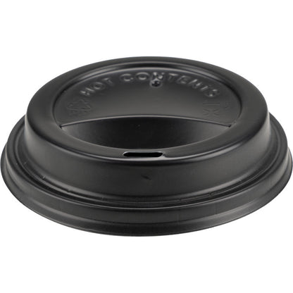 The Abena Re-Seller GmbH lid for coffee cups, PP is a black plastic lid with a raised edge, drinking slit and "HOT CONTENTS" embossing - ideal as a coffee cup lid for disposable cups.