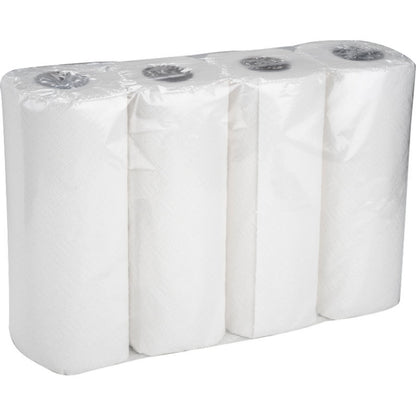 Ein Karton der Abena Re-Seller GmbH enthält 8 Packungen Küchenrolle mit je vier 2-lagigen weißen Rollen (26 cm x 14 m), saugfähig und in Klarsichtfolie verpackt.