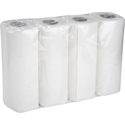 Eine Packung Küchenrolle, 2-lagig, 26 cm x 14 m, Weiß von Abena Re-Seller GmbH - vier Rollen nebeneinander in transparenter Plastikverpackung.