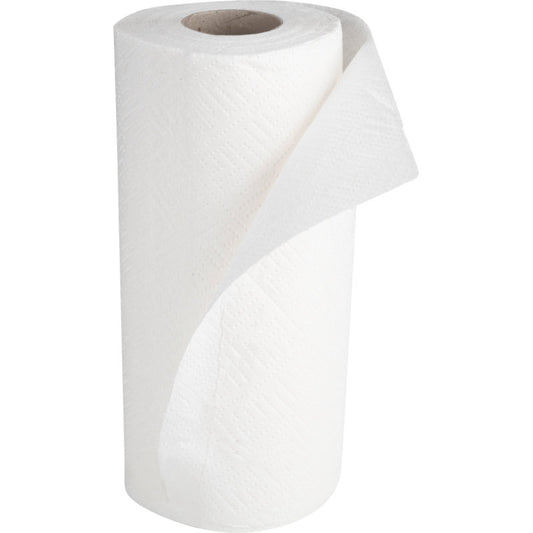 Eine einzelne Rolle Abena Re-Seller GmbH Küchenrolle, 2-lagig (26 cm x 14 m), Weiß, aus einer 4er-Packung steht aufrecht mit einer teilweise ausgerollten Bahn und zeigt ihre geprägte, saugfähige Struktur auf einem einfarbig weißen Hintergrund.