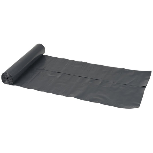Eine Rolle Abena Re-Seller GmbH Abfallsäcke 120 L (700x1100 mm, 70 my LDPE, Schwarz, Rolle mit 10 Beuteln) ist teilweise abgerollt, wobei mehrere zusammenhängende Beutel flach auf einem weißen Hintergrund liegen.