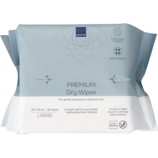 Eine Packung mit 50 weißen ABENA Premium Einmal-Waschlappen (30x30 cm) von Abena Re-Seller GmbH bietet saugfähige, hygienische, plastikfreie Einwegtücher für eine effektive Reinigung.
