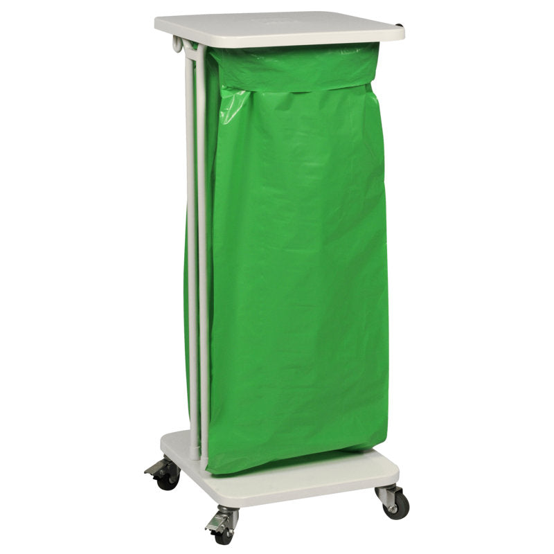 Der Sækko Boy 60 Mülltonnenständer von Abena Re-Seller GmbH ist ein kompaktes weißes Gerät mit Deckel und vier Rädern, das für Mobilität ausgelegt ist. Er wird in einem Karton (1 Packung) geliefert, ideal für eine effiziente Abfallentsorgung.
