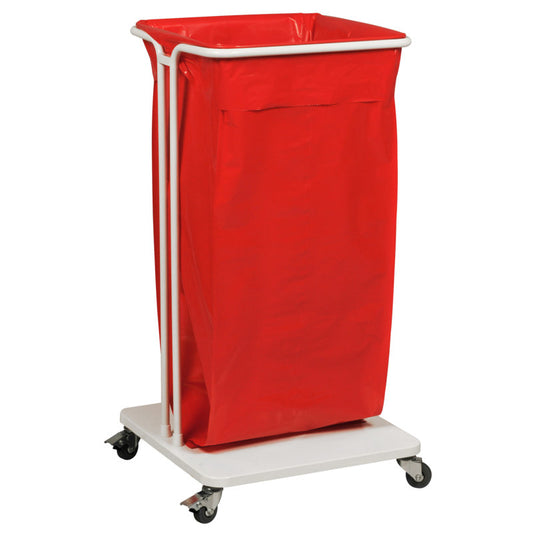 Der Sækko Boy 120 von Abena Re-Seller GmbH ist ein platzsparender, mobiler Wäschekorb mit weißem Gestell, vier Lenkrollen und einem großen roten Sack - perfekt als 120-Liter-Müllsackhalter zum Sammeln von Wäsche oder Abfall.