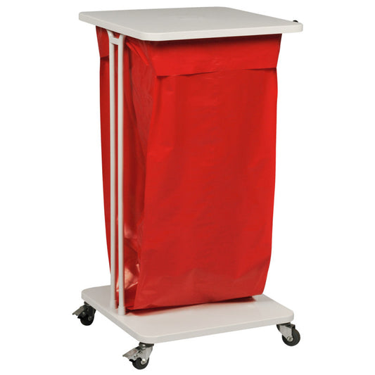 Der Wäschekorb Sækko Boy 120 von Abena Re-Seller GmbH hat einen weißen Metallrahmen, eine rote Tasche, einen Deckel und vier Lenkrollen. Verpackt in einem Karton (1 Packung).