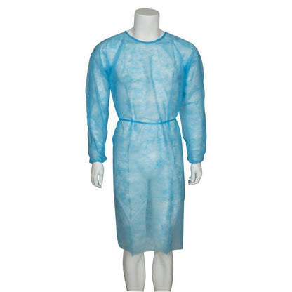 A mannequin is wearing an Abena Re-Seller GmbH visitor coat, Nonwoven/PP, Blue - long-sleeved with waist tie - against a plain white background, ideal for use in medical facilities.