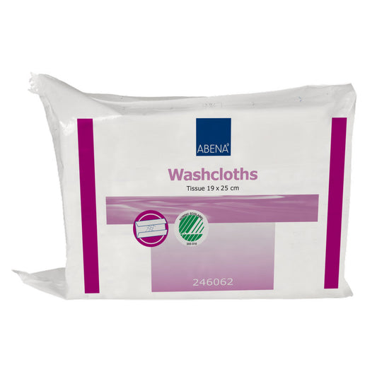 Eine durchsichtige Verpackung mit der Aufschrift "Abena Re-Seller GmbH Einmal-Waschlappen, Papier 6-lagig, 19x25 cm, Weiß" enthält 125 Paar Einweg-Waschlappen mit lila Akzenten, Symbolen und der Nummer 246062 am Boden.