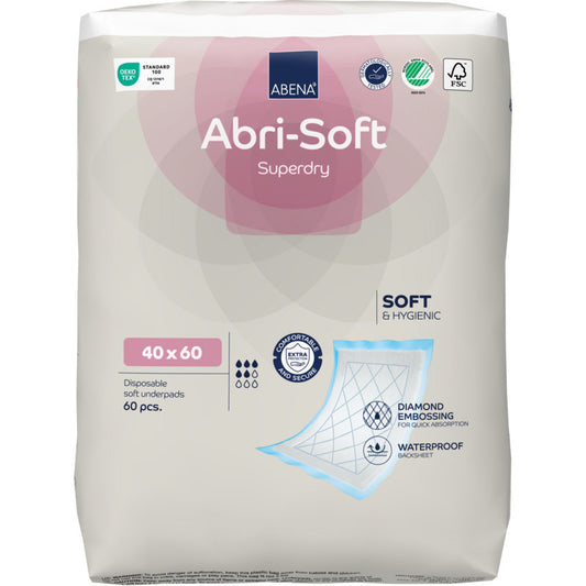 Eine Packung mit 60 Abena Re-Seller GmbH Einweg-Unterlage, Abri-Soft Superdry, Blau (40 x 60 cm). Perfekt für Pflegeeinrichtungen, zeichnen sie sich durch Weichheit, Hygiene, Rautenprägung und eine wasserfeste Unterseite aus.