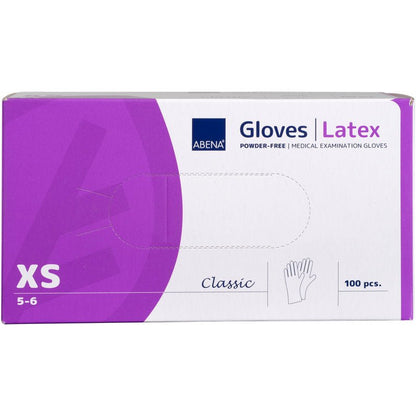 A box of Abena Re-Seller GmbH Latex Gloves Classic, Powder-Free, Long, Natural in size XS (5-6). The purple-white box contains 100 gloves and is marked with a glove symbol in the lower right corner.