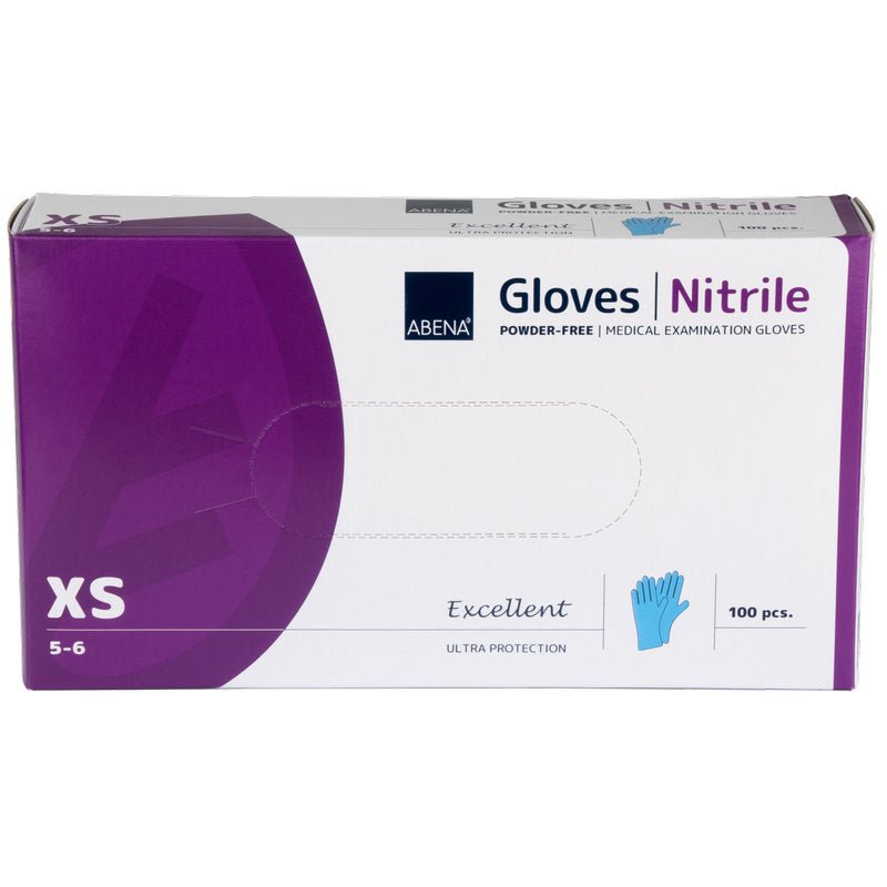 A box of Abena Re-Seller GmbH Nitrile Gloves Excellent, powder-free, blue, size XS (5-6), contains 100 blue gloves in a purple-white packaging with a blue glove illustration.