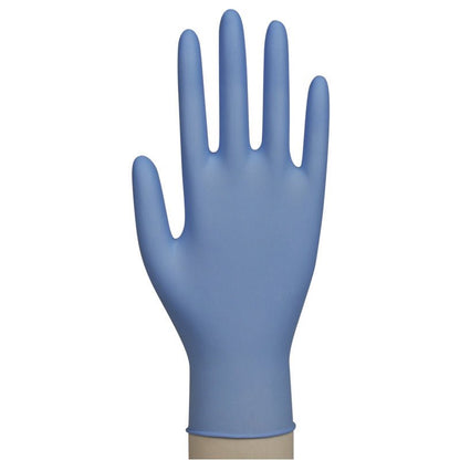 A blue, powder-free Nitrile Glove from Abena Re-Seller GmbH (Nitrile Gloves Excellent) is tightly seen on a left hand with splayed fingers and extends over the wrist. The background is plain white.