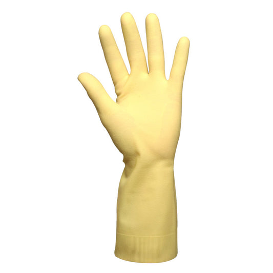 Ein einzelner Abena Re-Seller GmbH Haushaltshandschuhe Latex, Gelb, Neopren Handschuh mit verlängerter Stulpe steht aufrecht auf weißem Hintergrund, offen mit gespreizten Fingern und Daumen für den Hausgebrauch.