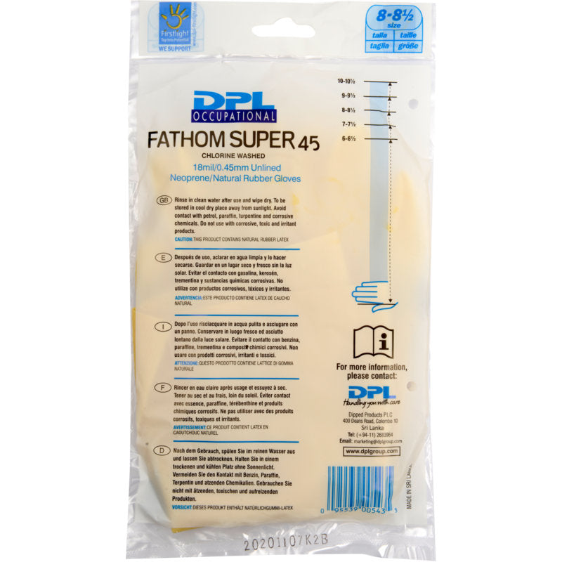 A clear plastic packaging labeled "household gloves Latex, Yellow, Neoprene" from Abena Re-Seller GmbH, containing yellow household gloves. The packaging displays product specifications and instructions in multiple languages.