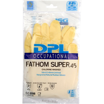 A clear plastic packaging contains yellow household gloves Latex, Yellow, Neoprene from Abena Re-Seller GmbH. The label shows the brand and product name as well as certifications and details.