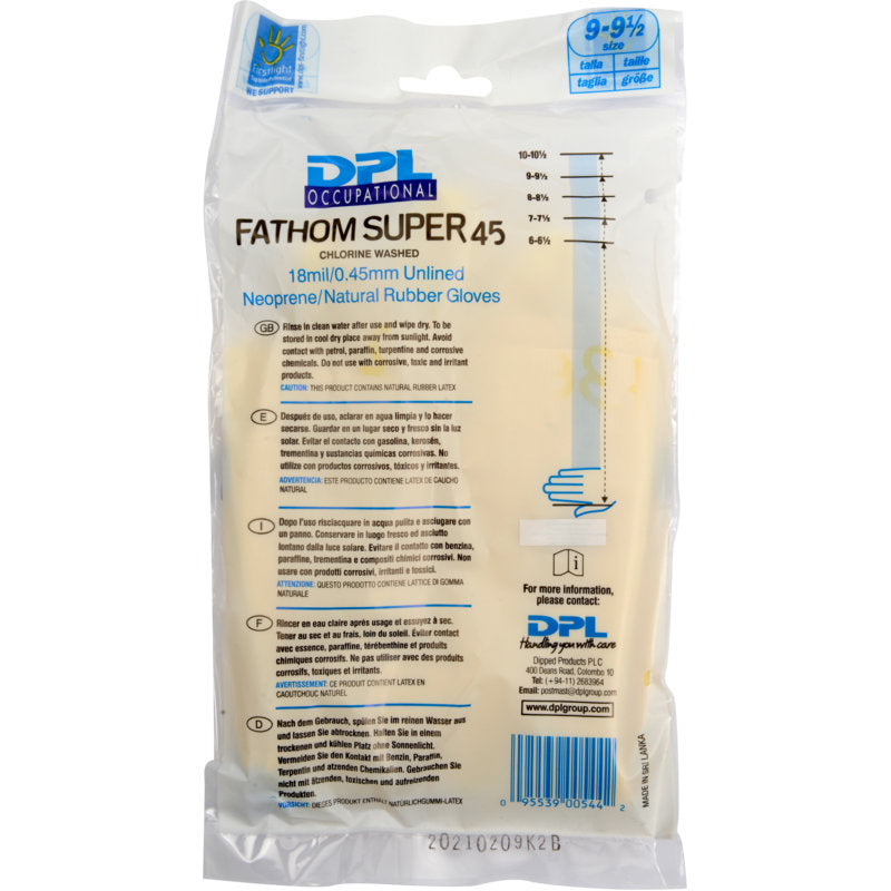 A sealed pack of Abena Re-Seller GmbH household gloves Latex, Yellow, Neoprene, size 9-9.5, with product details, usage instructions, and company information on the front.