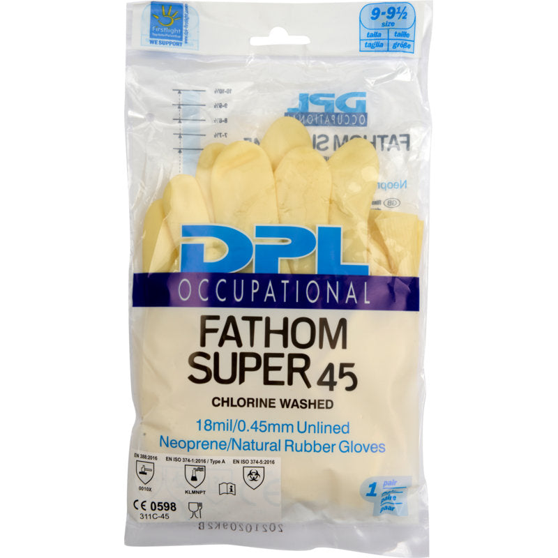 A clear plastic package contains Abena Re-Seller GmbH household gloves Latex, Yellow, Neoprene gloves. The packaging shows product details, size 9-9.5, and certifications.