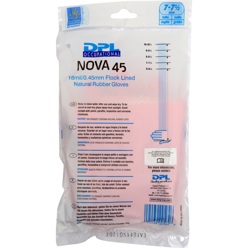 A clear plastic package labeled "household gloves Latex, Yellow, Neoprene" from Abena Re-Seller GmbH contains natural rubber gloves. The packaging indicates size, thickness, features, usage instructions, and a barcode at the bottom right.