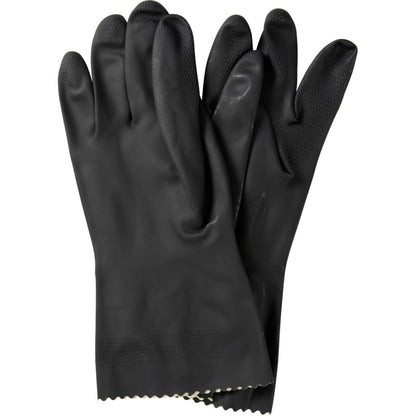 Ein Paar Abena Re-Seller GmbH Haushaltshandschuhe Latex, Schwarz mit texturierten Fingerspitzen und Handflächen, flach auf weißem Hintergrund gelegt.